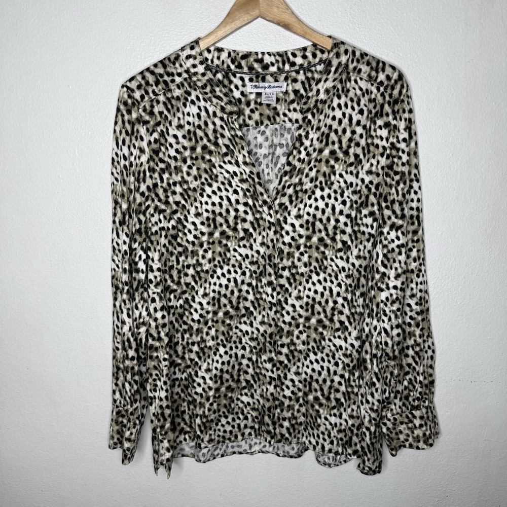 Tommy Bahama Leopard Print Long Sleeve V-neck Blouse Top Women's XL Tencel Modal